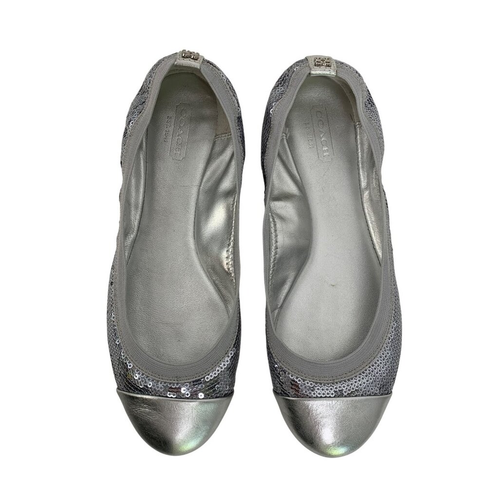 Coach Womens Silver Sequin Ballet Flats Size 7B Q10643 Purse Shoes EUC